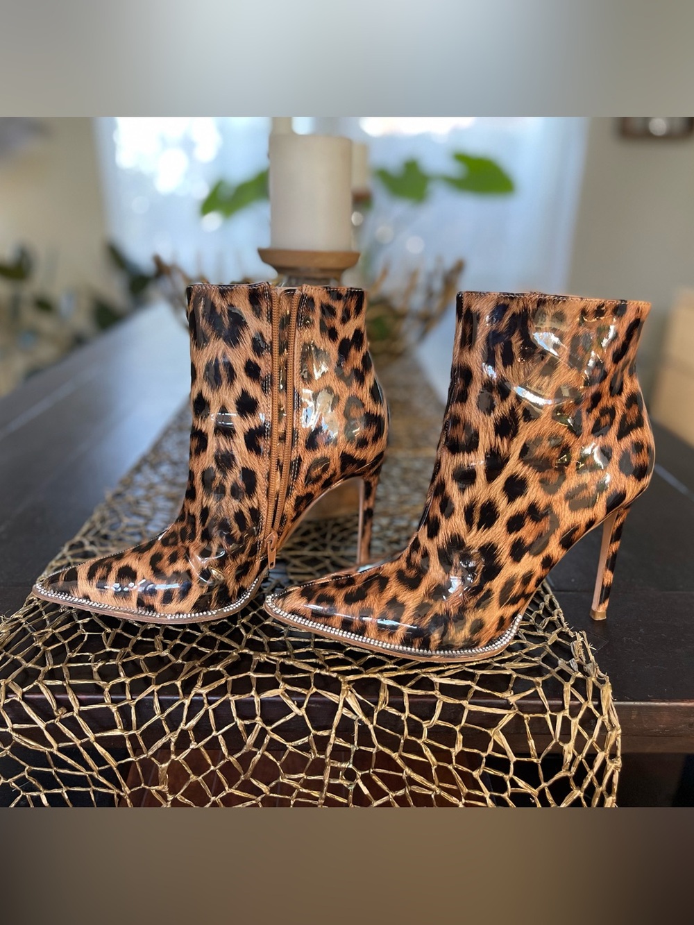 Fashion Nova Leopard Print Patent Stiletto Ankle Boots with Rhinestone accents